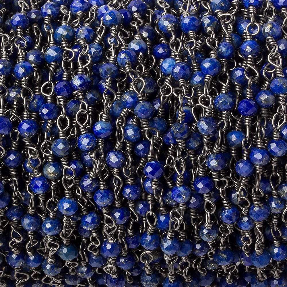 3mm Lapis Lazuli micro-faceted rondelle Black Gold plated Chain, 40 beads/ft - Beadsofcambay.com