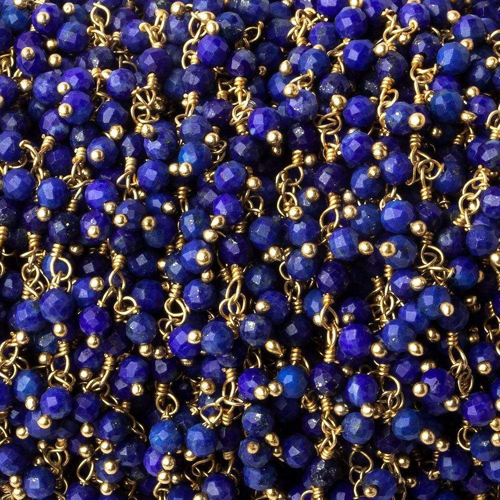 3mm Lapis Lazuli micro-faceted round Gold Dangling Chain by the foot - Beadsofcambay.com