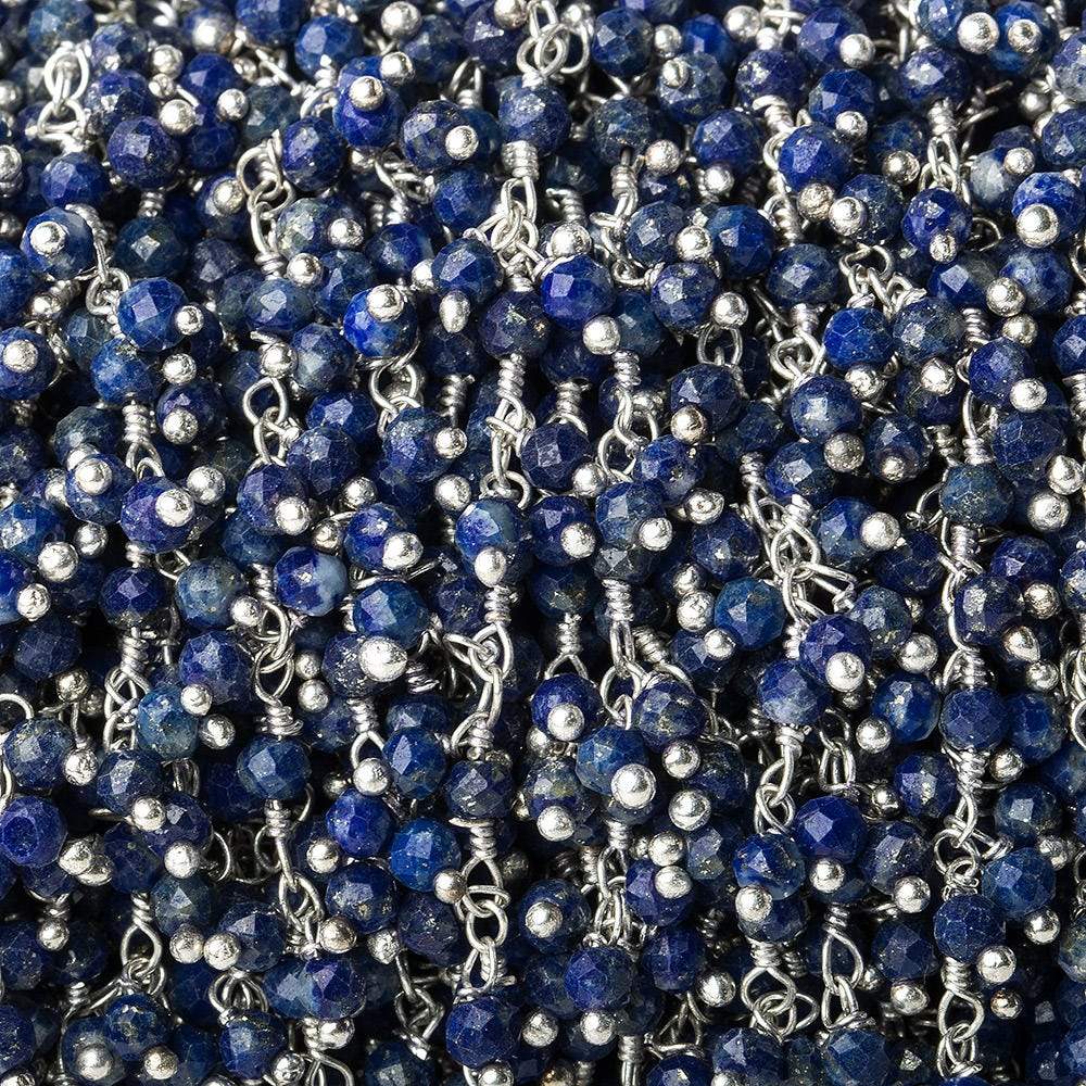 3mm Lapis Lazuli micro-faceted round Silver Dangling Chain by the foot - Beadsofcambay.com