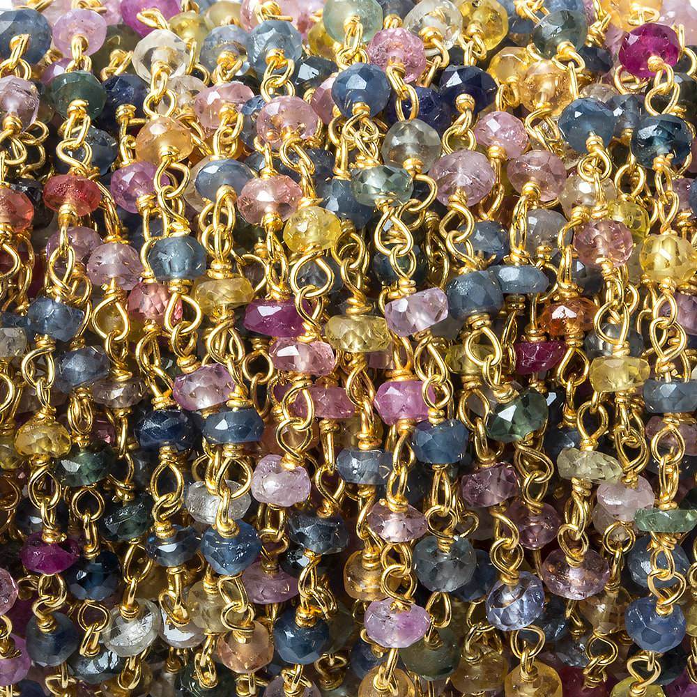 3mm Multi Color Sapphire faceted rondelle Vermeil Chain by the foot 45 pieces - Beadsofcambay.com