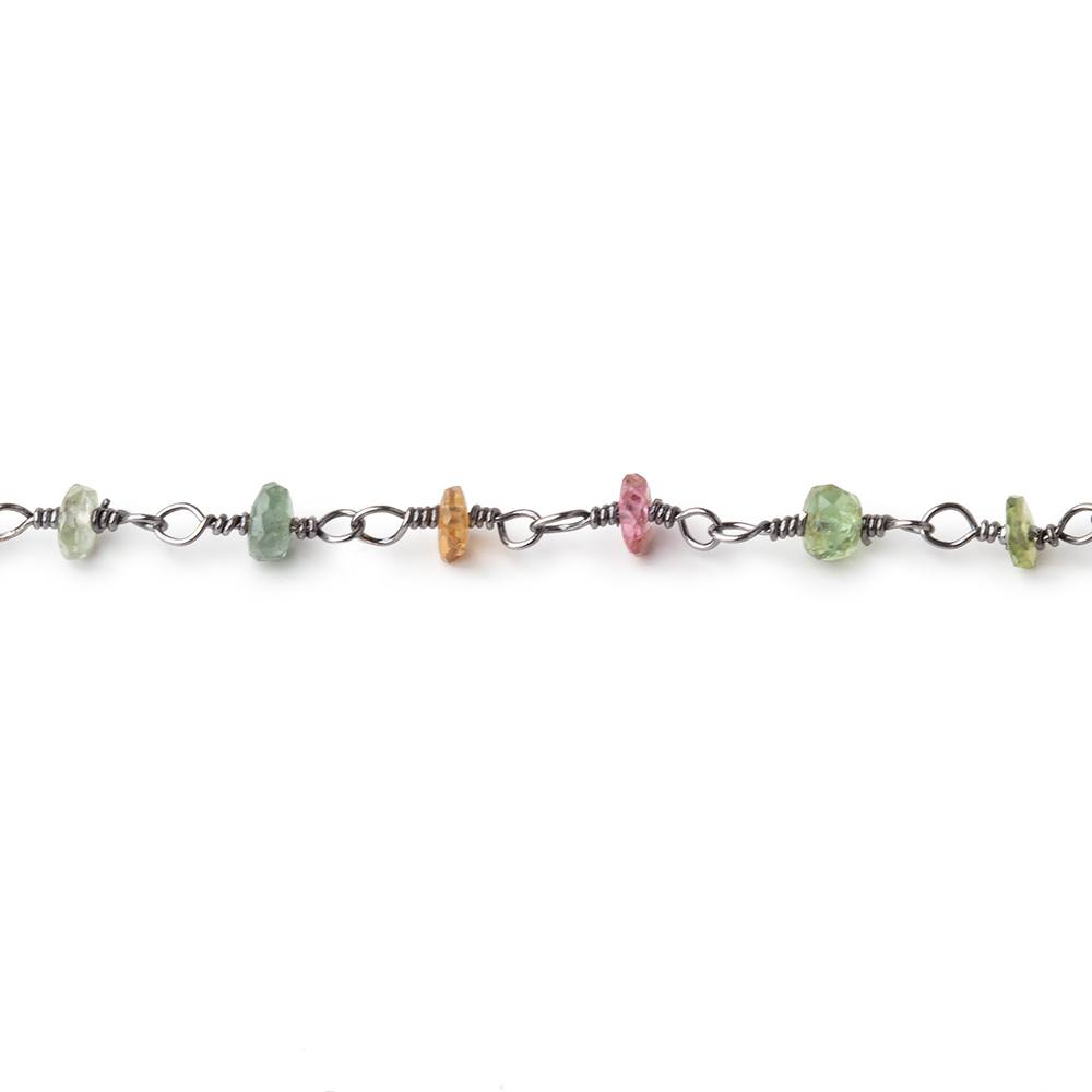 3mm Multi Color Tourmaline Faceted Rondelle Black Gold .925 Silver Chain by the foot - Beadsofcambay.com