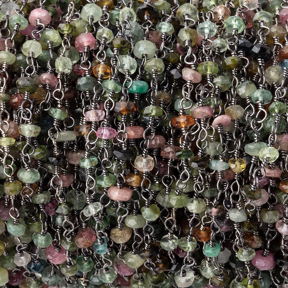 3mm Multi Color Tourmaline Faceted Rondelle Black Gold .925 Silver Chain by the foot - Beadsofcambay.com