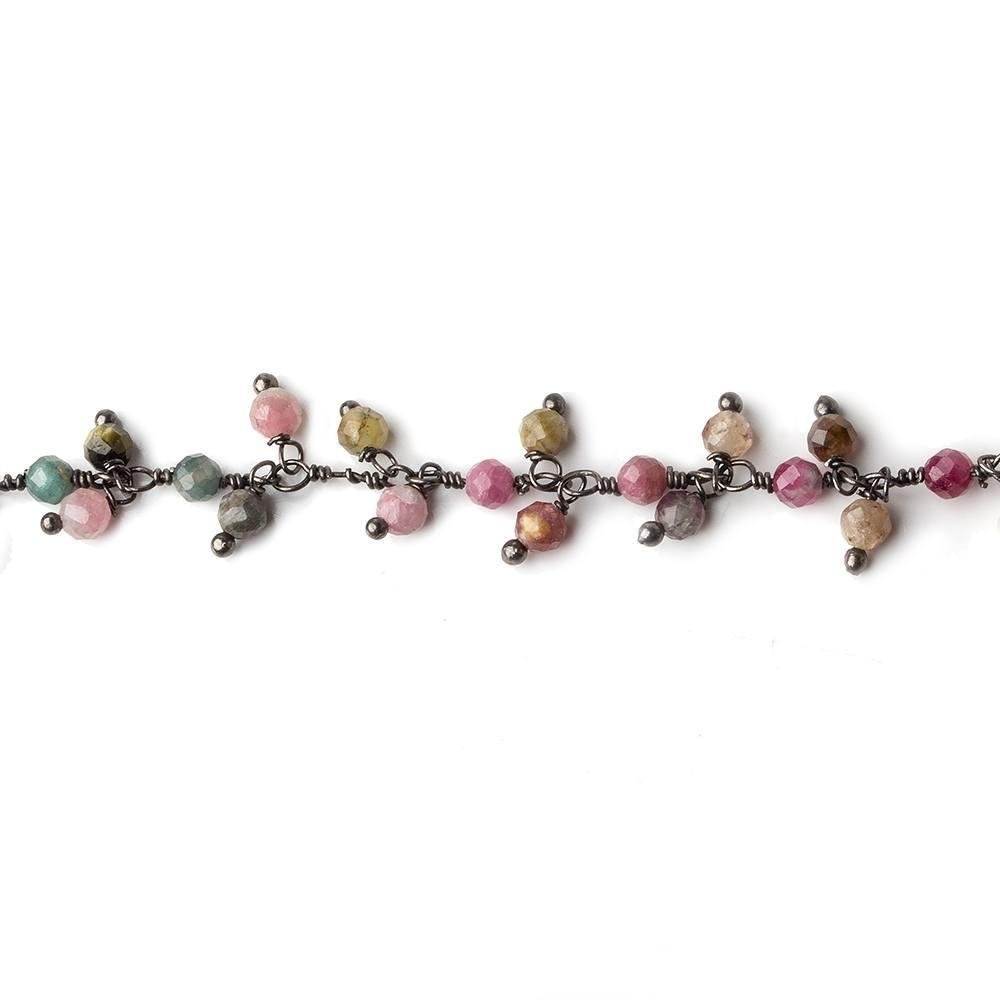 3mm Multi Color Tourmaline micro-faceted round Black Gold Dangling Chain by the foot - Beadsofcambay.com