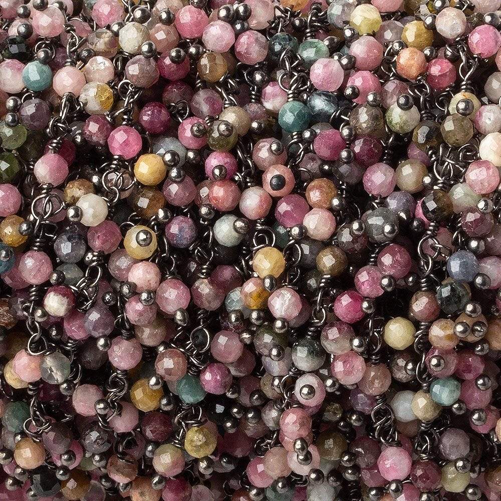 3mm Multi Color Tourmaline micro-faceted round Black Gold Dangling Chain by the foot - Beadsofcambay.com