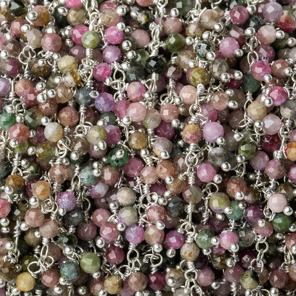 3mm Multi Color Tourmaline micro-faceted round Silver Dangling Chain by the foot - Beadsofcambay.com