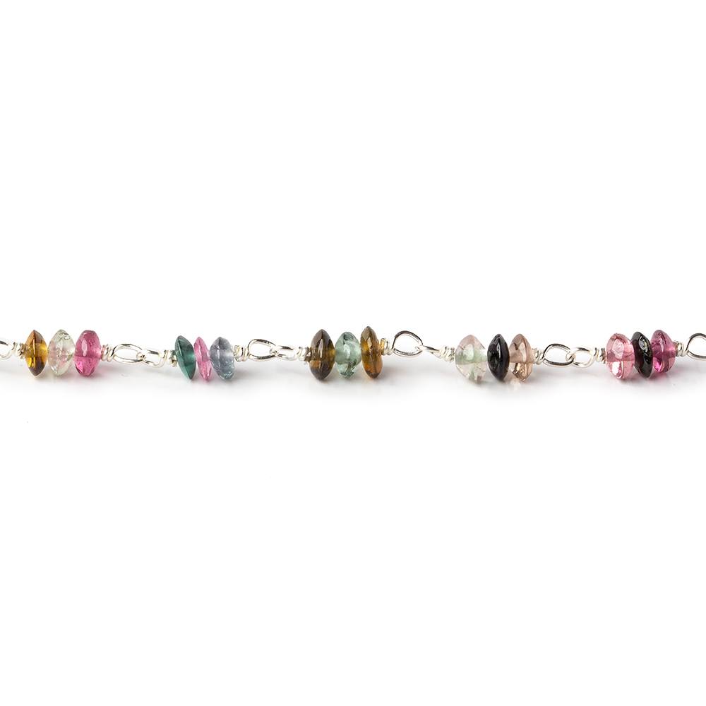 3mm Multi Color Tourmaline Rondelle Trio Silver .925 Chain by the foot 90 beads per - Beadsofcambay.com