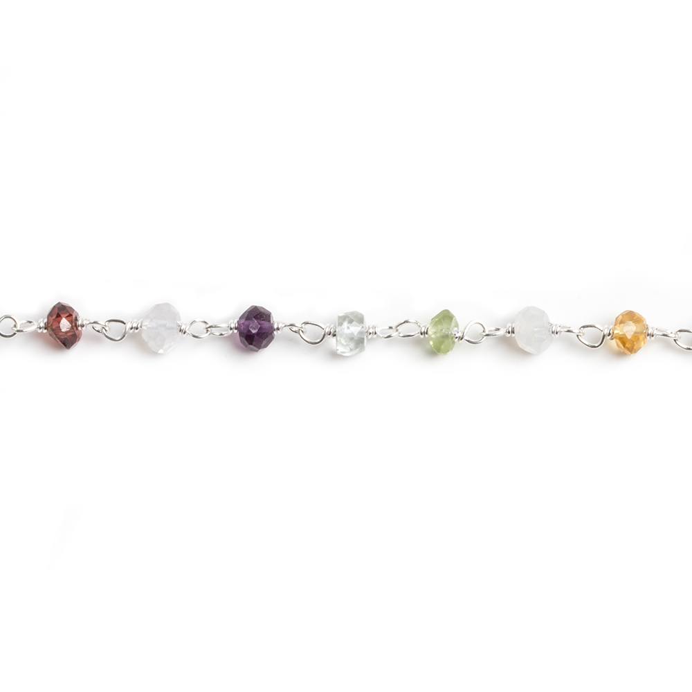 3mm Multi Gemstone faceted rondelle .925 Silver Chain by the foot 33 beads - Beadsofcambay.com