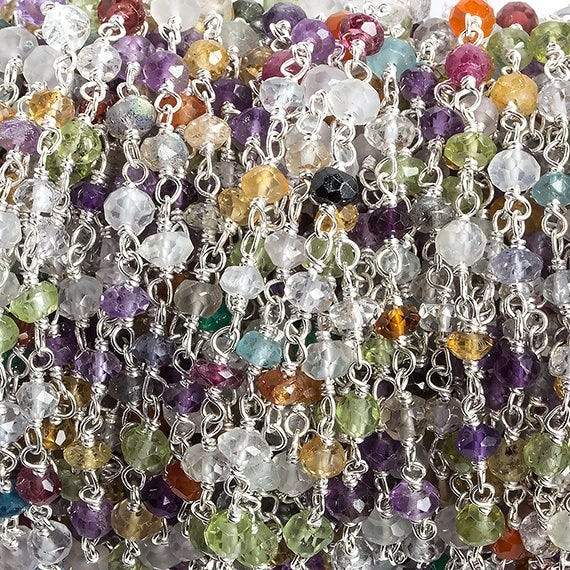 3mm Multi Gemstone faceted rondelle .925 Silver Chain by the foot 33 beads - Beadsofcambay.com