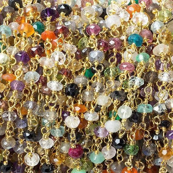 3mm Multi Gemstone faceted rondelle Vermeil Chain by the foot 33 beads - Beadsofcambay.com