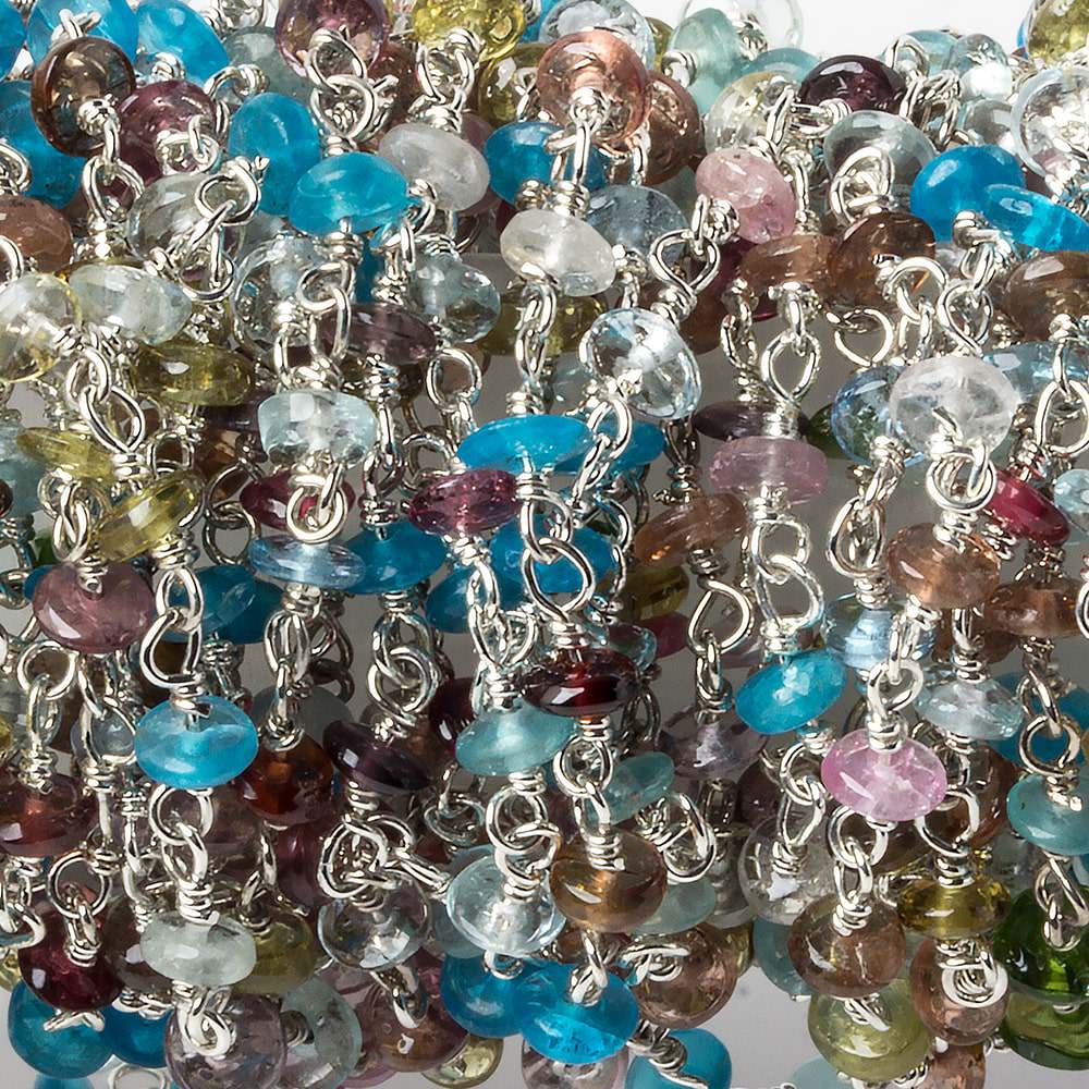 3mm Multi Gemstone plain rondelle Silver .925 Chain by the foot 45 pieces - Beadsofcambay.com