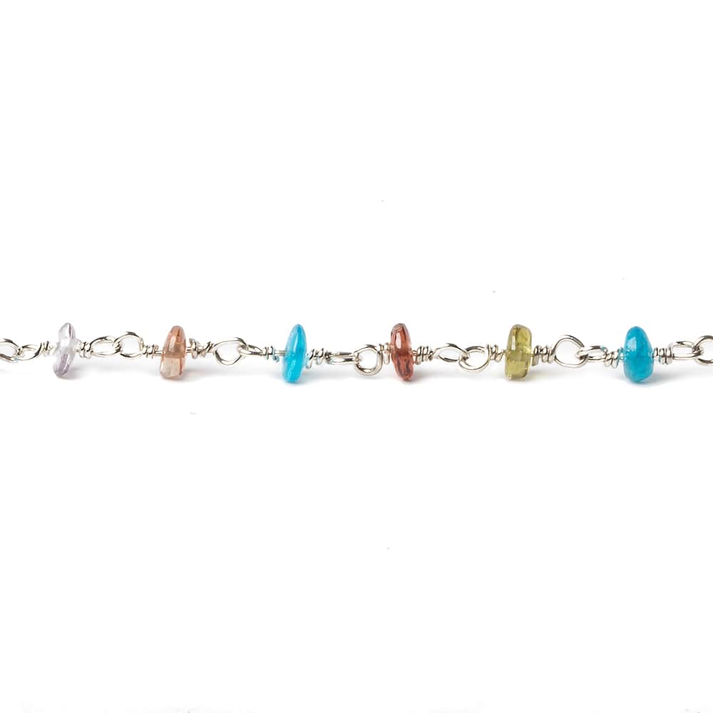 3mm Multi Gemstone plain rondelle Silver .925 Chain by the foot 45 pieces - Beadsofcambay.com