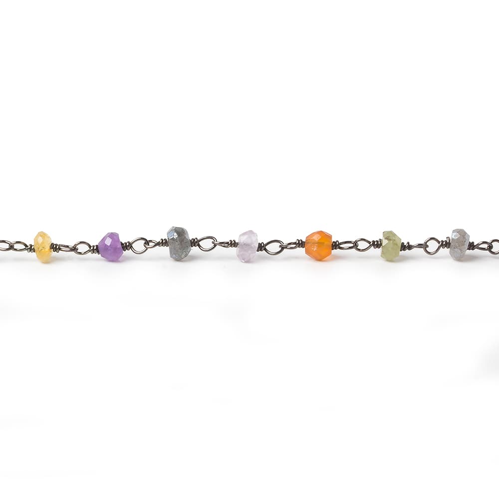 3mm Multi Gemstone rondelle Black Gold plated Silver .925 Chain by the foot 45 pcs - Beadsofcambay.com