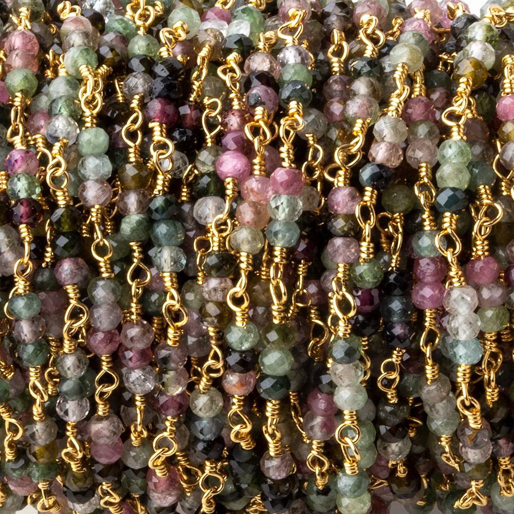 3mm Multi Tourmaline micro faceted round Trio Gold Chain by the foot 73 beads per - Beadsofcambay.com