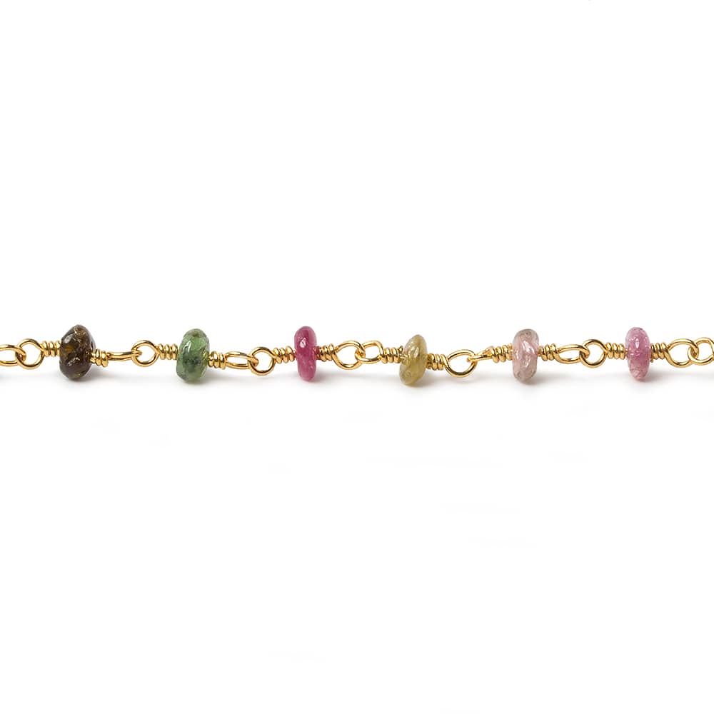 3mm Multi Tourmaline plain rondelle Gold plated Chain by the foot 30 pcs - Beadsofcambay.com
