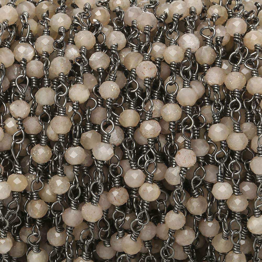 3mm Peach Moonstone micro-faceted rondelle Black Gold Chain by the foot 35 pieces - Beadsofcambay.com