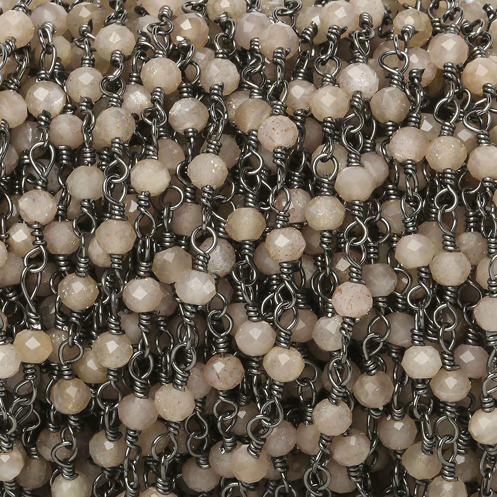 3mm Peach Moonstone micro-faceted rondelle Black Gold Chain by the foot 35 pieces - Beadsofcambay.com