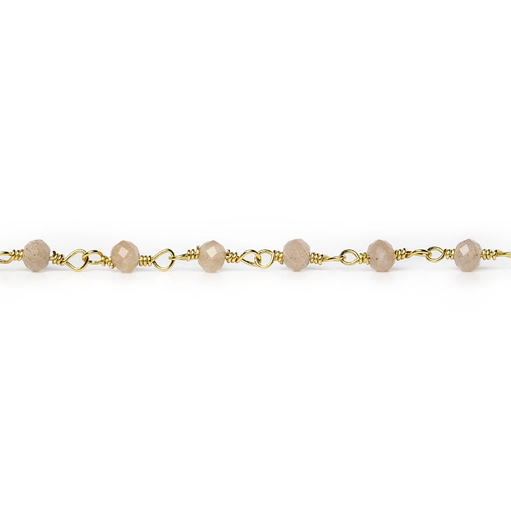 3mm Peach Moonstone micro-faceted rondelle Gold Chain by the foot 35 pieces - Beadsofcambay.com
