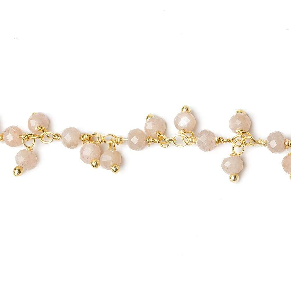 3mm Peach Moonstone micro-faceted round Gold Dangling Chain by the foot - Beadsofcambay.com