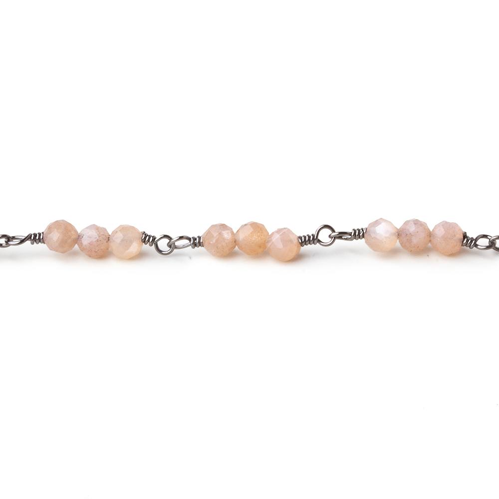 3mm Peach Moonstone micro faceted round Trio Black Gold Chain by the foot 73 beads per - Beadsofcambay.com