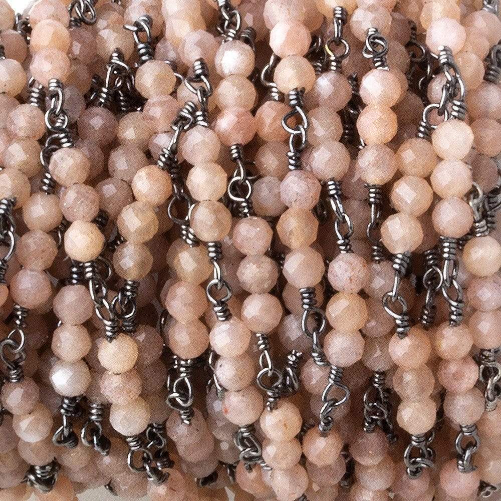 3mm Peach Moonstone micro faceted round Trio Black Gold Chain by the foot 73 beads per - Beadsofcambay.com