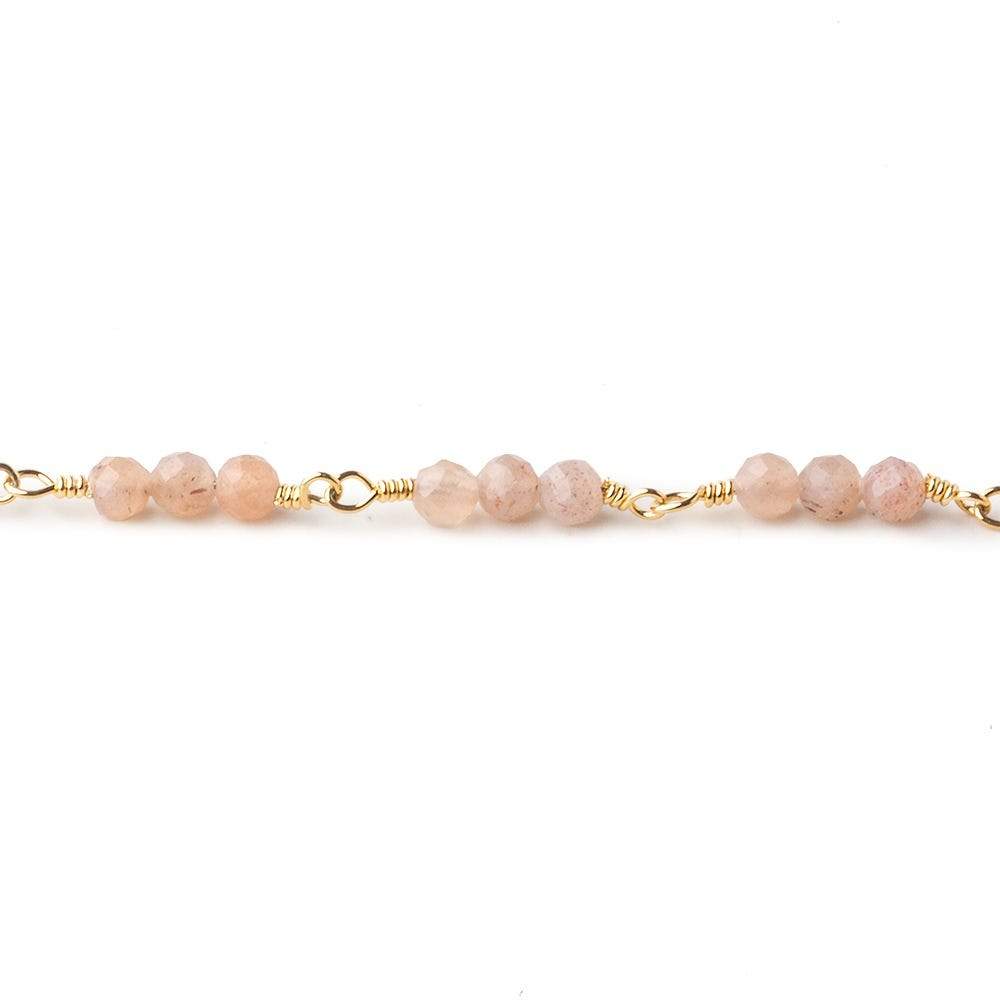 3mm Peach Moonstone micro faceted round Trio Gold Chain by the foot 73 beads per - Beadsofcambay.com