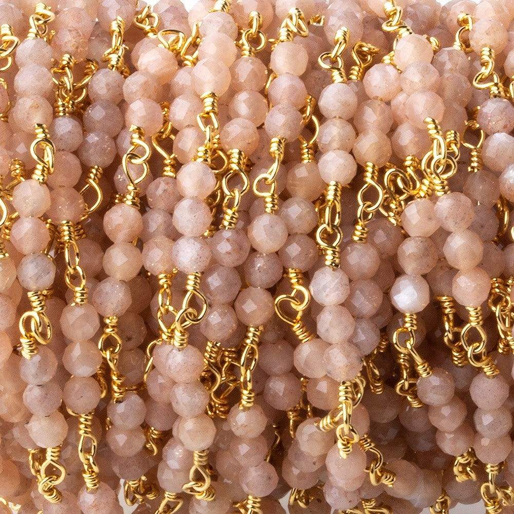 3mm Peach Moonstone micro faceted round Trio Gold Chain by the foot 73 beads per - Beadsofcambay.com
