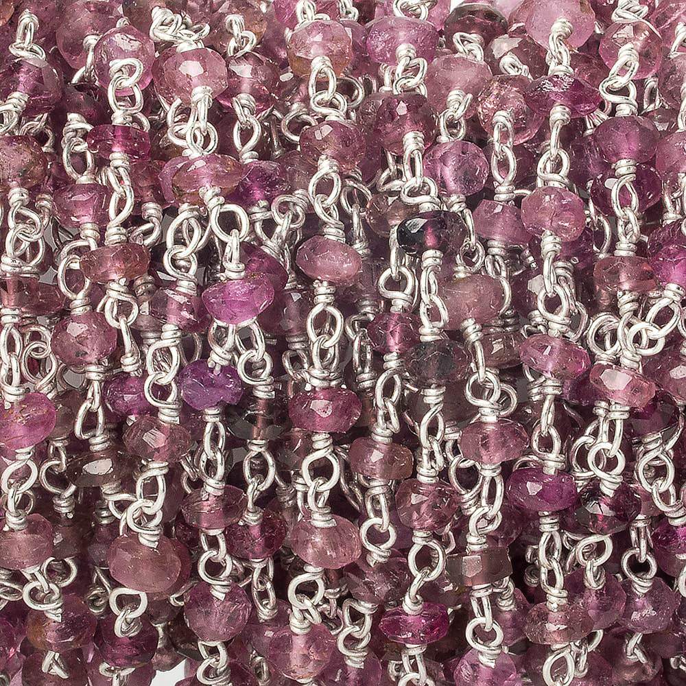 3mm Rubelite Tourmaline faceted rondelle .925 Sterling Silver Chain by the foot 47 pieces - Beadsofcambay.com