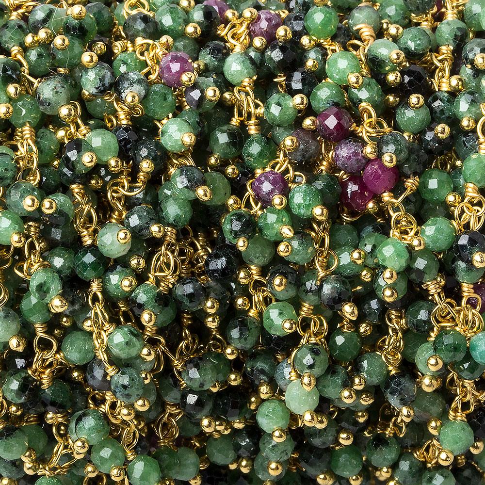 3mm Ruby in Zoisite micro-faceted round Gold Dangling Chain by the foot - Beadsofcambay.com