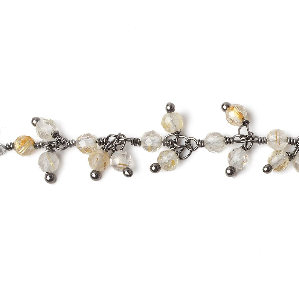 3mm Rutilated Quartz micro-faceted round Black Gold Dangling Chain by the foot - Beadsofcambay.com
