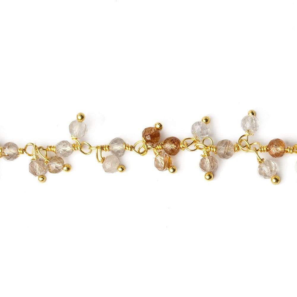 3mm Rutilated Quartz micro-faceted round Gold Dangling Chain by the foot - Beadsofcambay.com