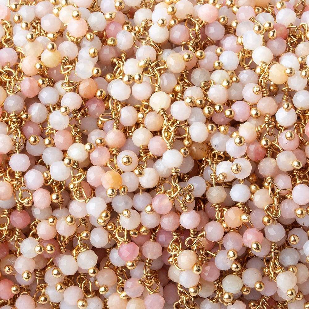 3mm Shaded Pink Peruvian Opal micro faceted round Gold plated Dangle Chain by the foot - Beadsofcambay.com