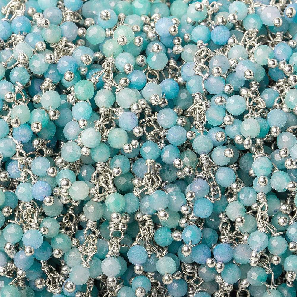 3mm Sky Blue Agate micro-faceted round Silver Dangling Chain by the foot - Beadsofcambay.com
