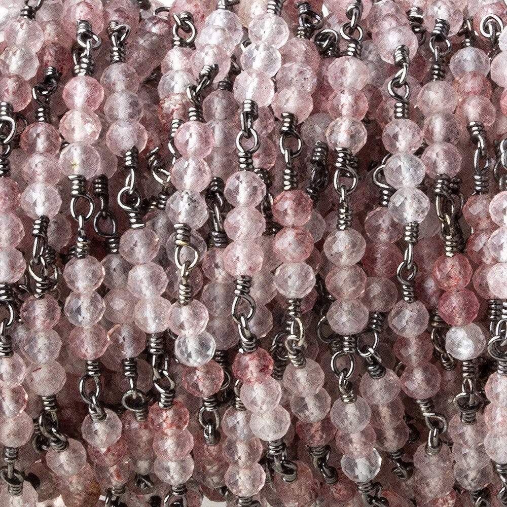 3mm Strawberry Quartz micro faceted round Trio Black Gold Chain by the foot 73 beads per - Beadsofcambay.com