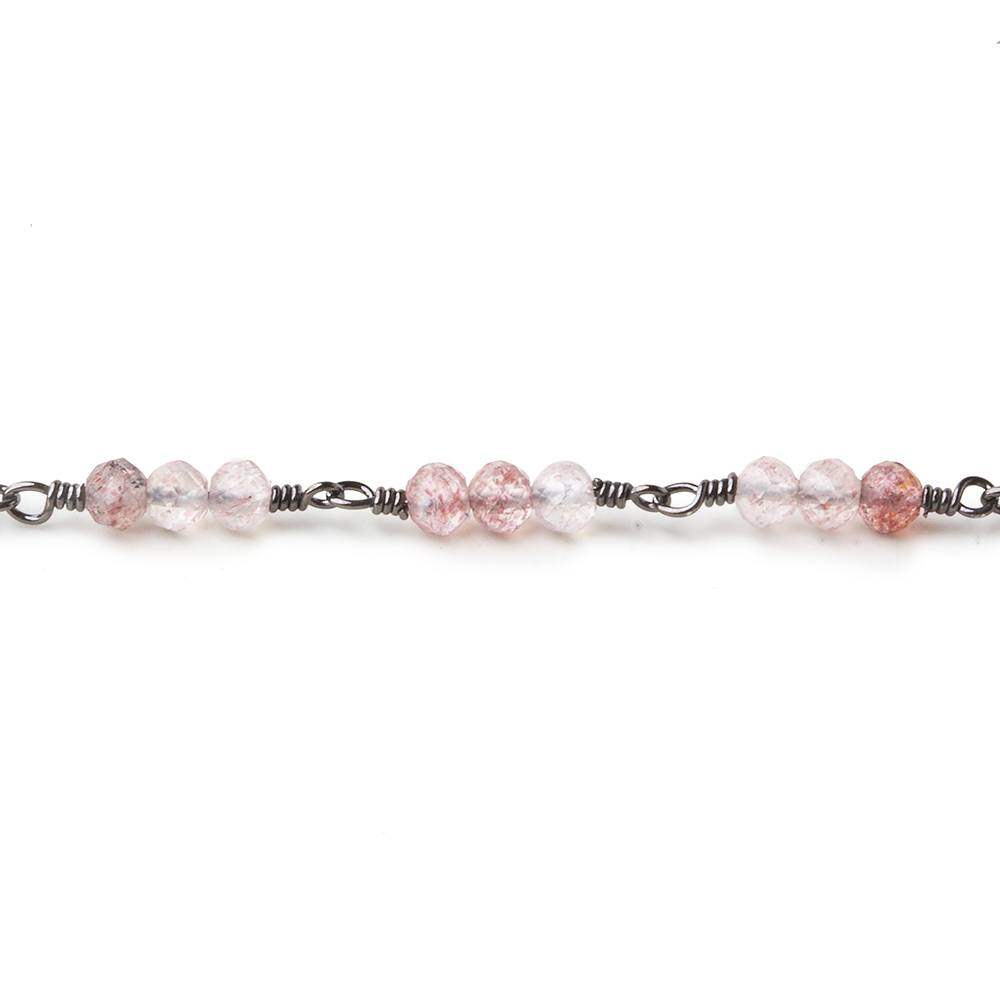 3mm Strawberry Quartz micro faceted round Trio Black Gold Chain by the foot 73 beads per - Beadsofcambay.com
