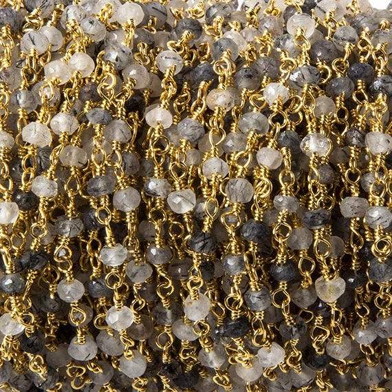 3mm Tourmalinated Quartz faceted rondelle Gold plated Chain by the foot 40 pcs - Beadsofcambay.com