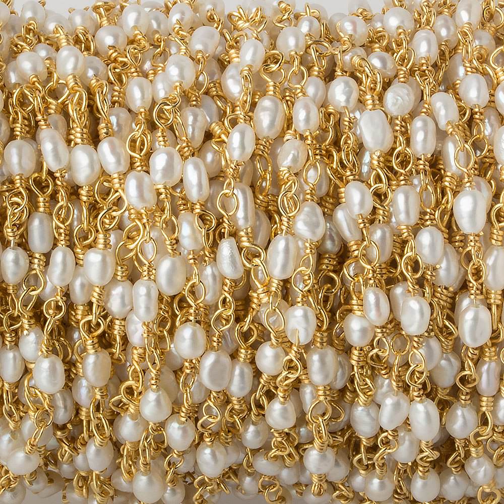 3x2mm White Rice Pearl Gold plated Chain by the foot 36 pieces - Beadsofcambay.com