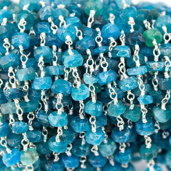 4-4.5mm Frosted Neon Apatite plain rondelle Silver plated Chain by the foot - Beadsofcambay.com
