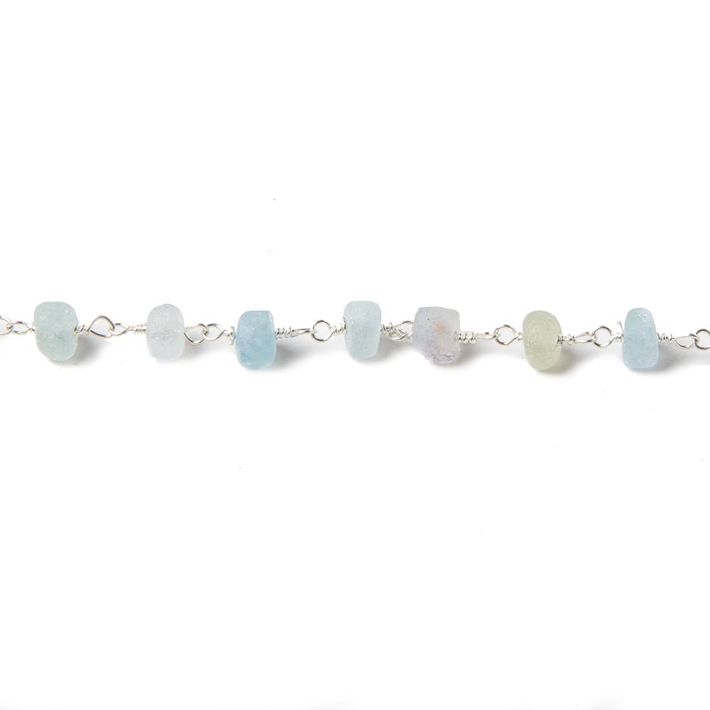 4-4.5mm Matte Aquamarine & Beryl rondelle Silver Chain by the foot 25 pcs - Beadsofcambay.com
