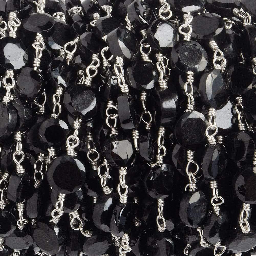 4-5mm Black Spinel Bezel Faceted Coins on Silver Plated Chain by the foot 27 pcs - Beadsofcambay.com