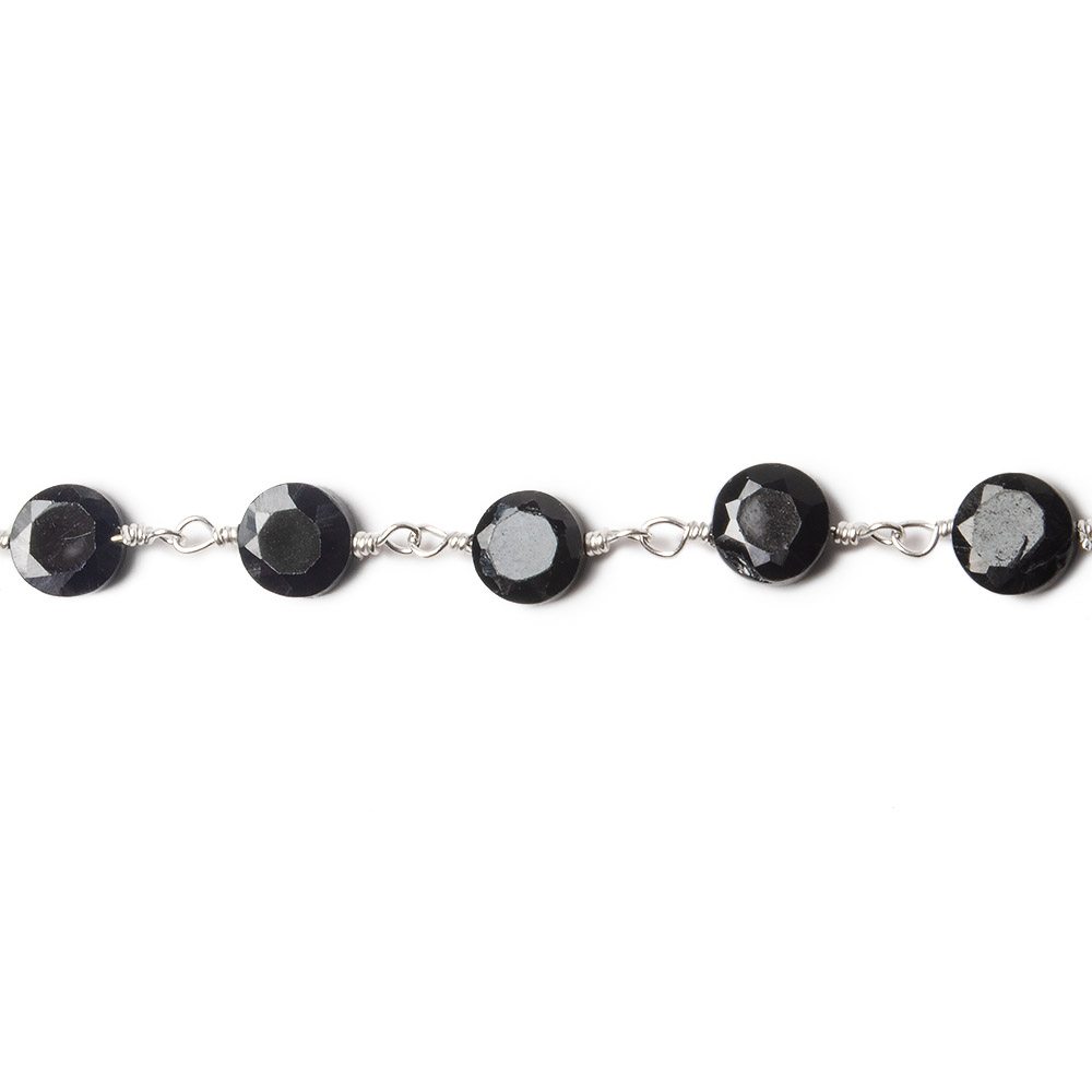 4-5mm Black Spinel Bezel Faceted Coins on Silver Plated Chain by the foot 27 pcs - Beadsofcambay.com