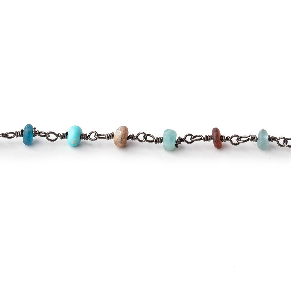 4-5mm Matte Multi Gem Plain Rondelles on Black Gold Plated Chain by the Foot 33 pcs - Beadsofcambay.com