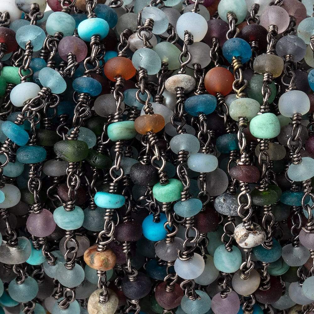 4-5mm Matte Multi Gem Plain Rondelles on Black Gold Plated Chain by the Foot 33 pcs - Beadsofcambay.com