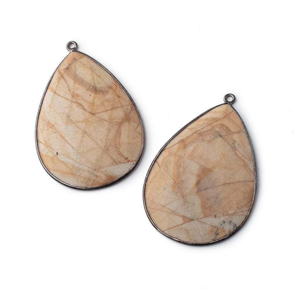 41.5x29mm Black Gold Bezeled Matte Picture Jasper Pear Set of 2 Pendants - Beadsofcambay.com