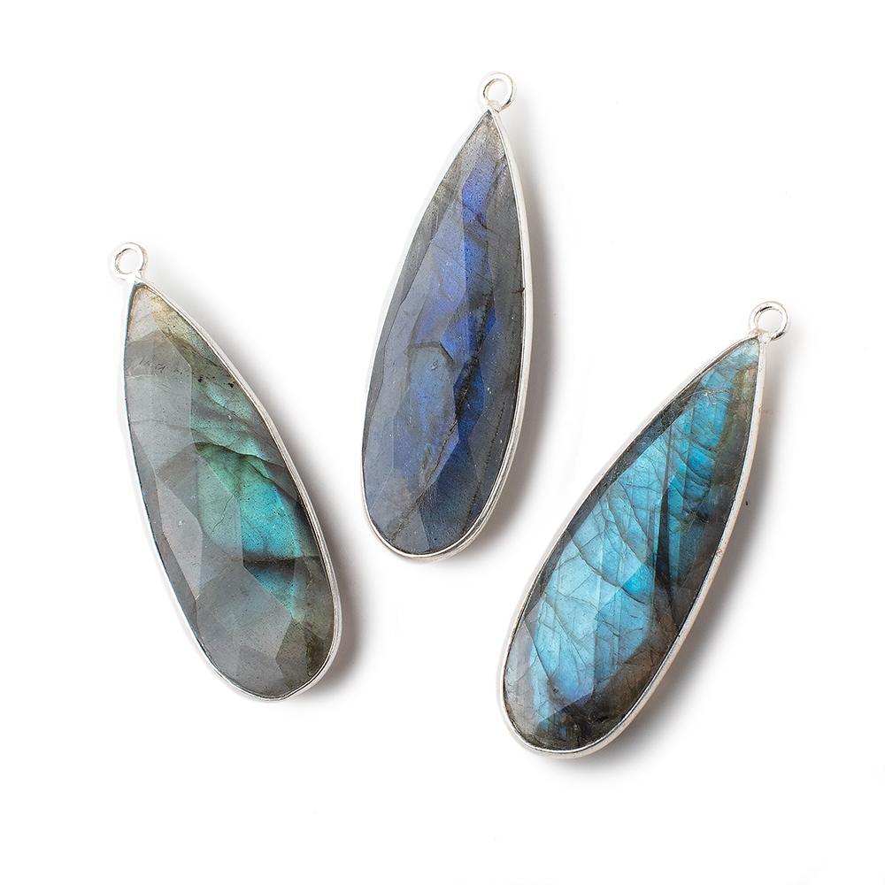 41x14.5mm Silver Bezeled Labradorite Faceted Pear Pendants SET OF 3 - Beadsofcambay.com