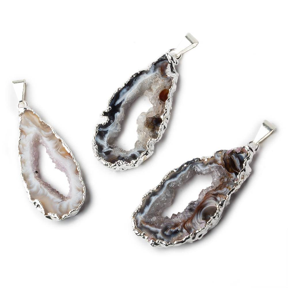 41x19x4mm Silver Leafed Occo Agate Drusy Natural Crystal Slice Pendant with Bail 1 piece - Beadsofcambay.com