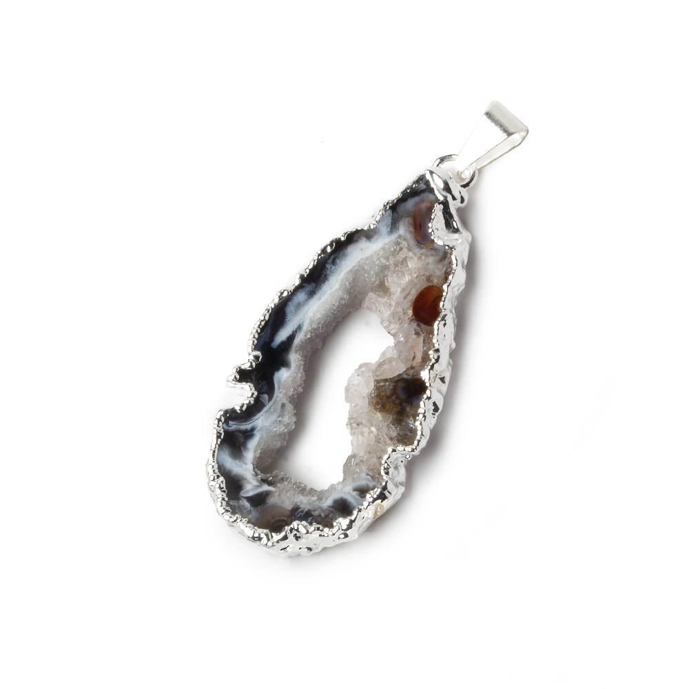 41x19x4mm Silver Leafed Occo Agate Drusy Natural Crystal Slice Pendant with Bail 1 piece - Beadsofcambay.com