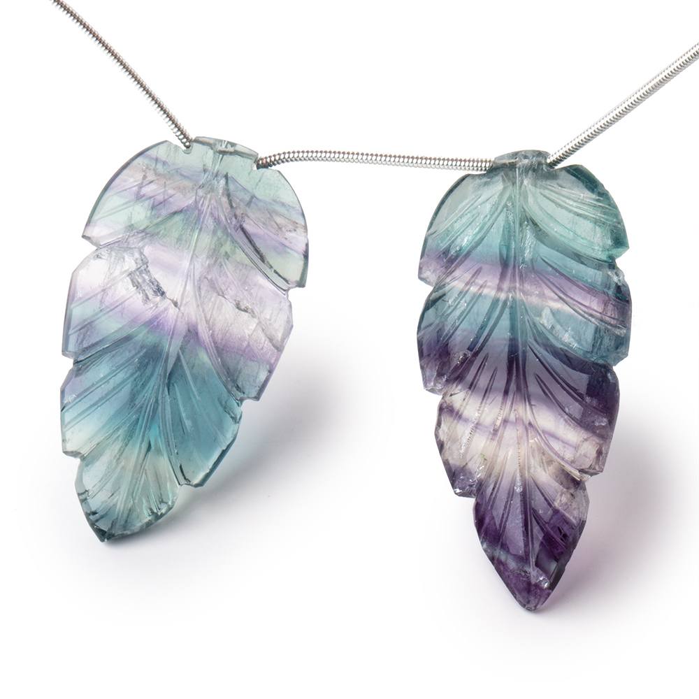 41x22-44.5x22mm Fluorite Hand Carved Leaf Focal Set of 2 Beads - Beadsofcambay.com