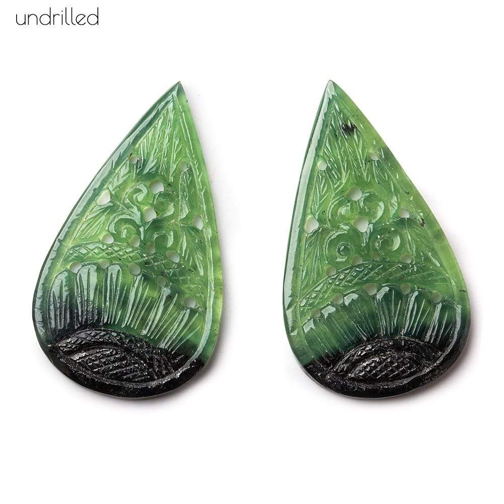 41x24x3.5mm Serpentine Gem Quality Hand Carved Pear Focal Set of 2 - Beadsofcambay.com