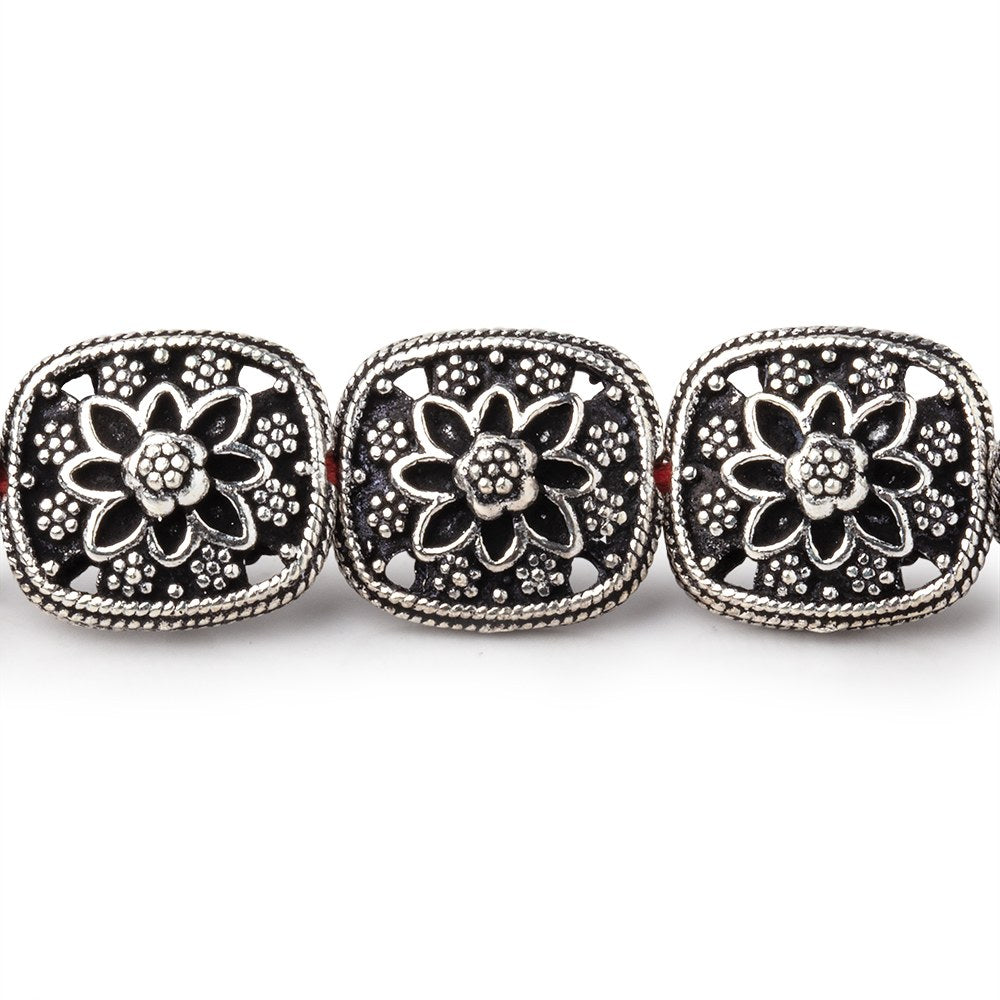 15x13mm Antiqued Sterling Silver Plated Copper Floral Cushion 8 inch 14 Beads - BeadsofCambay.com