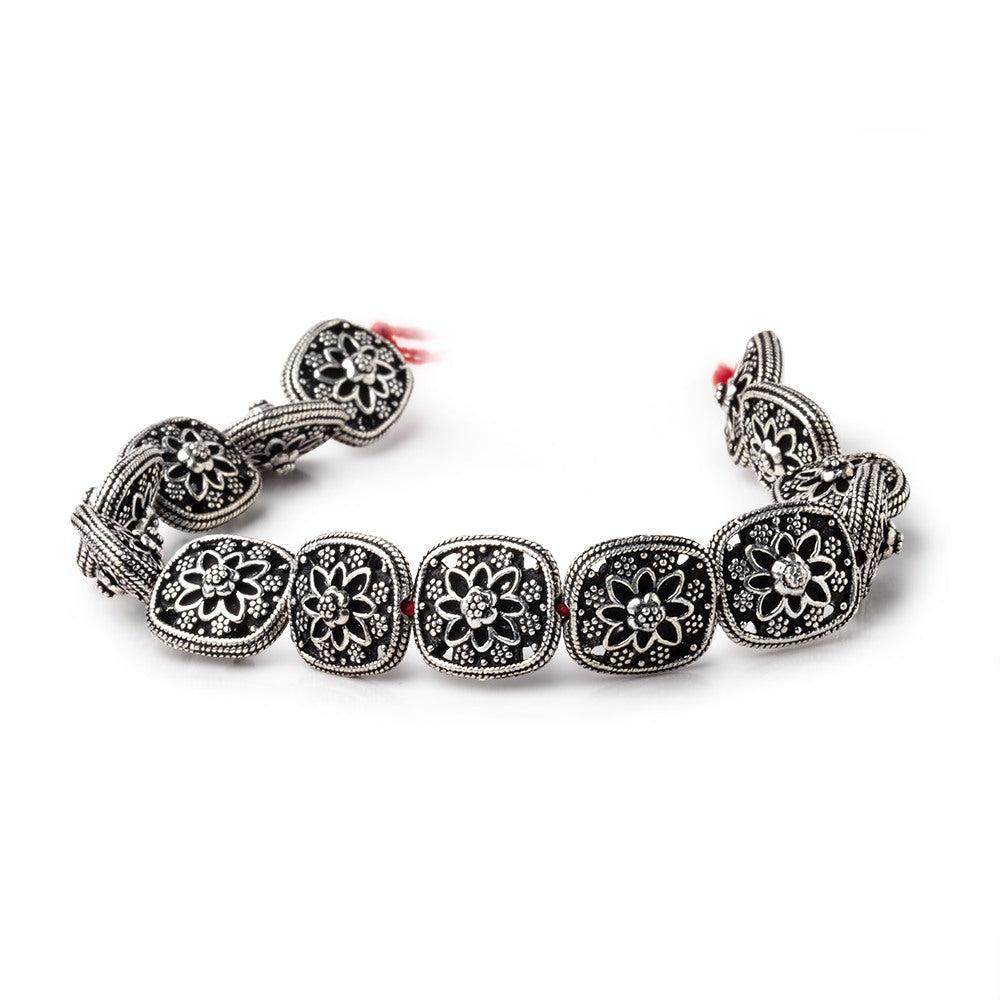 15x13mm Antiqued Sterling Silver Plated Copper Floral Cushion 8 inch 14 Beads - BeadsofCambay.com